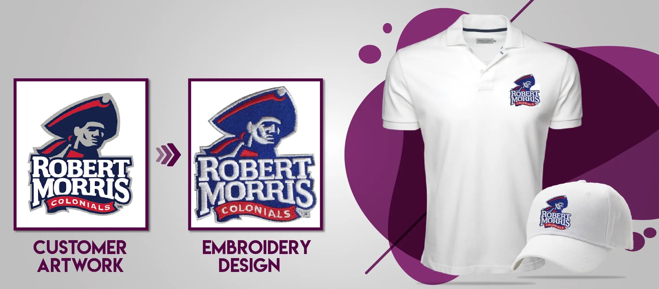 Left chest and cap logo: customer artwork turned into an embroidery design, shown stitched on a polo and a cap